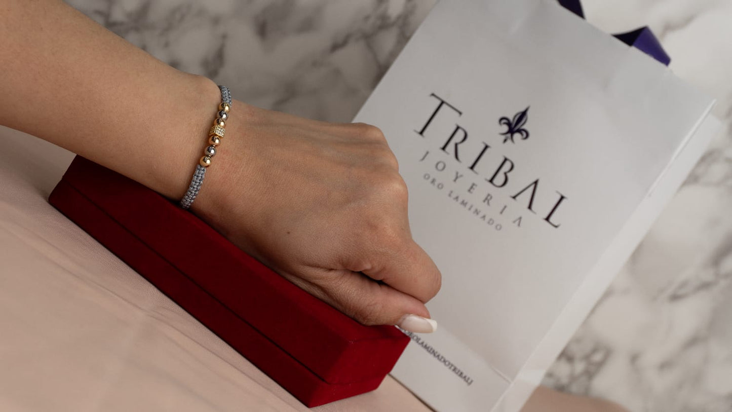 Pulsera Tejida Balin Tres Oros, Rombo Circones Cristal Oro Laminado 18k GR
