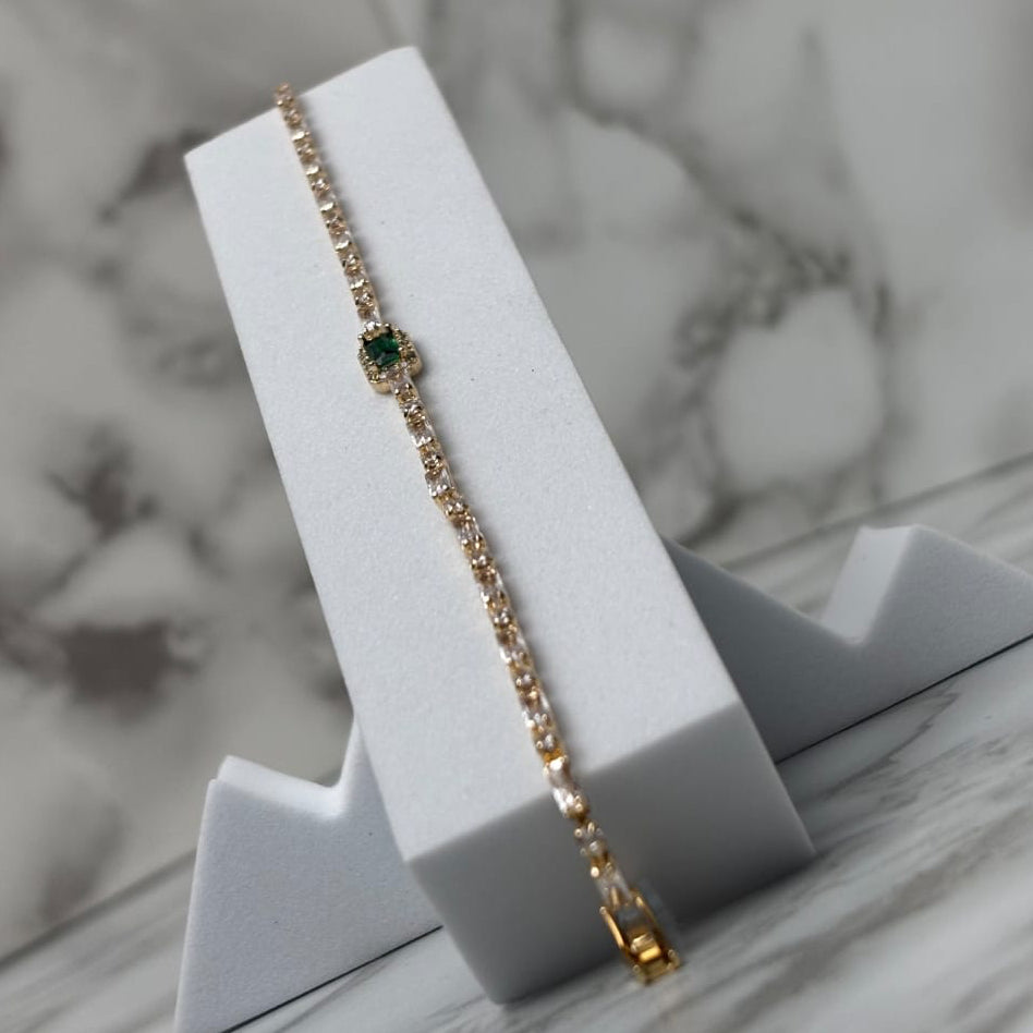 Pulsera Tipo Tennis Circón Cristal / Centro con Circón Verde 18 cm