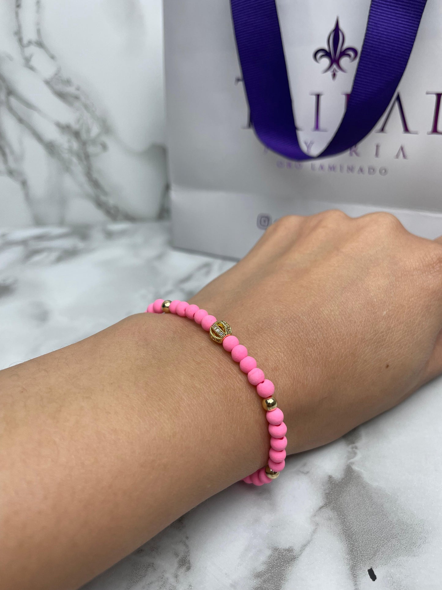 Pulsera Tejida Full Balin Neopreno, Liso y HRJ Ball Circones Oro Laminado 18 K RS