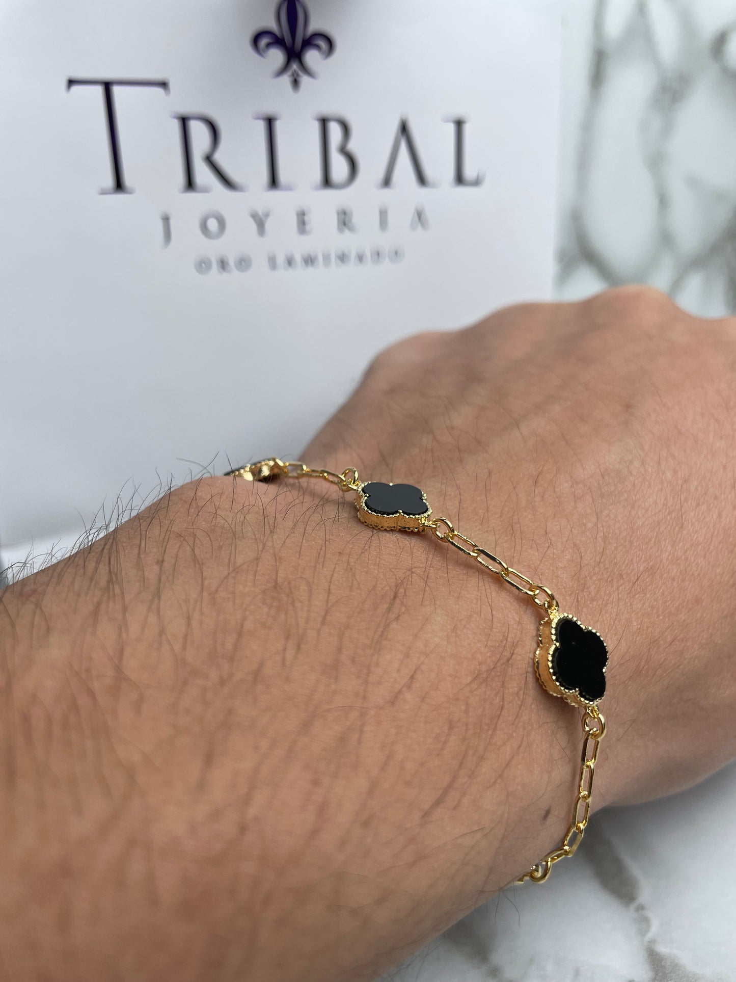 Pulsera Tejido Eslabones Tipo Van Cleff Negro 19 cm