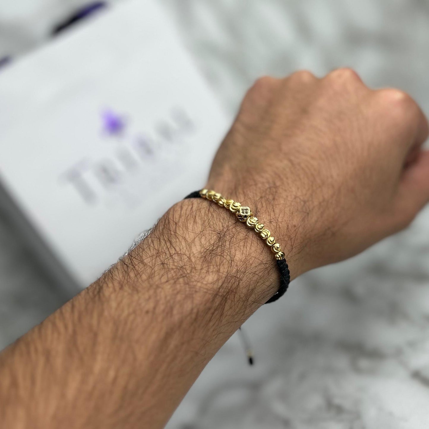 Pulsera Tejida Balin Italiano con Rombo Circón Negro Oro Laminado 18 K NGR
