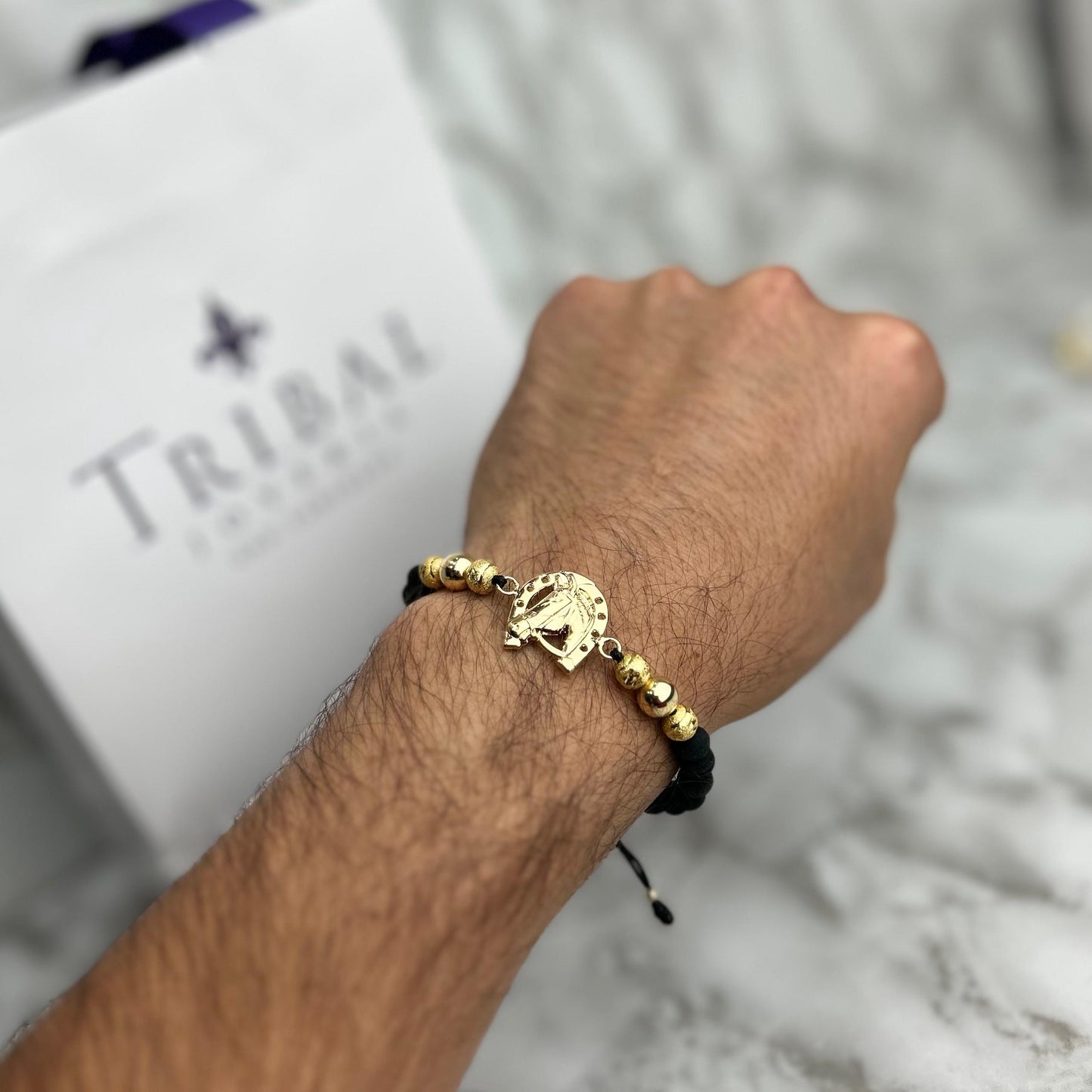 Pulsera Full Balin Mixto Neopreno y BLD con Herraje Herradura Grande Oro Laminado 18 k NG