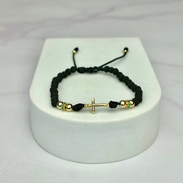 Pulsera Tejida Balin Neopreno Liso con HRJ Cruz y Rondel Circón Verde Oro Laminado 18 k NG