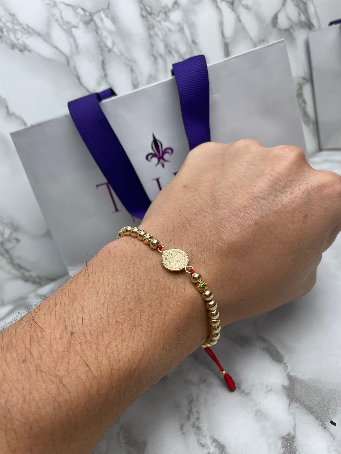 Pulsera Tejida Herraje San Benito full Balin Liso e Italy Oro Laminado 18 K RJ