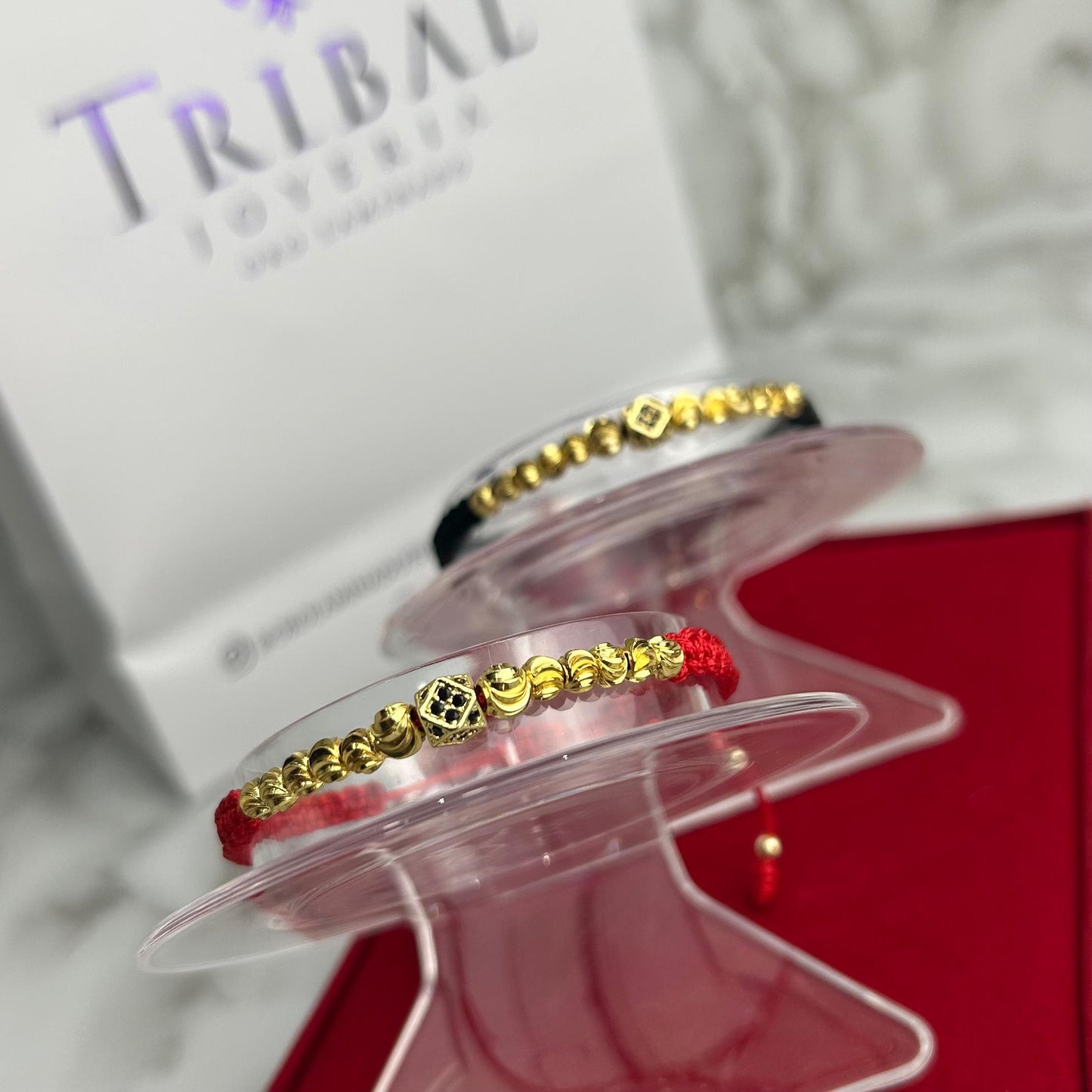 Pulsera Tejida Balin Italiano y Rombo Circón Negro Oro Laminado 18 k RJ