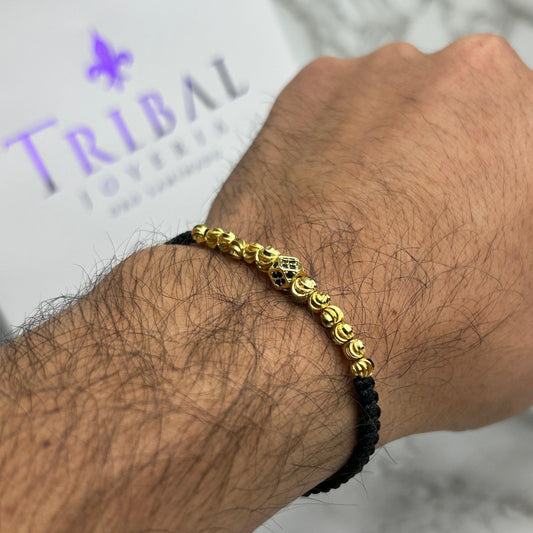 Pulsera Tejida Balin Italiano con Rombo Circón Negro Oro Laminado 18 K NGR