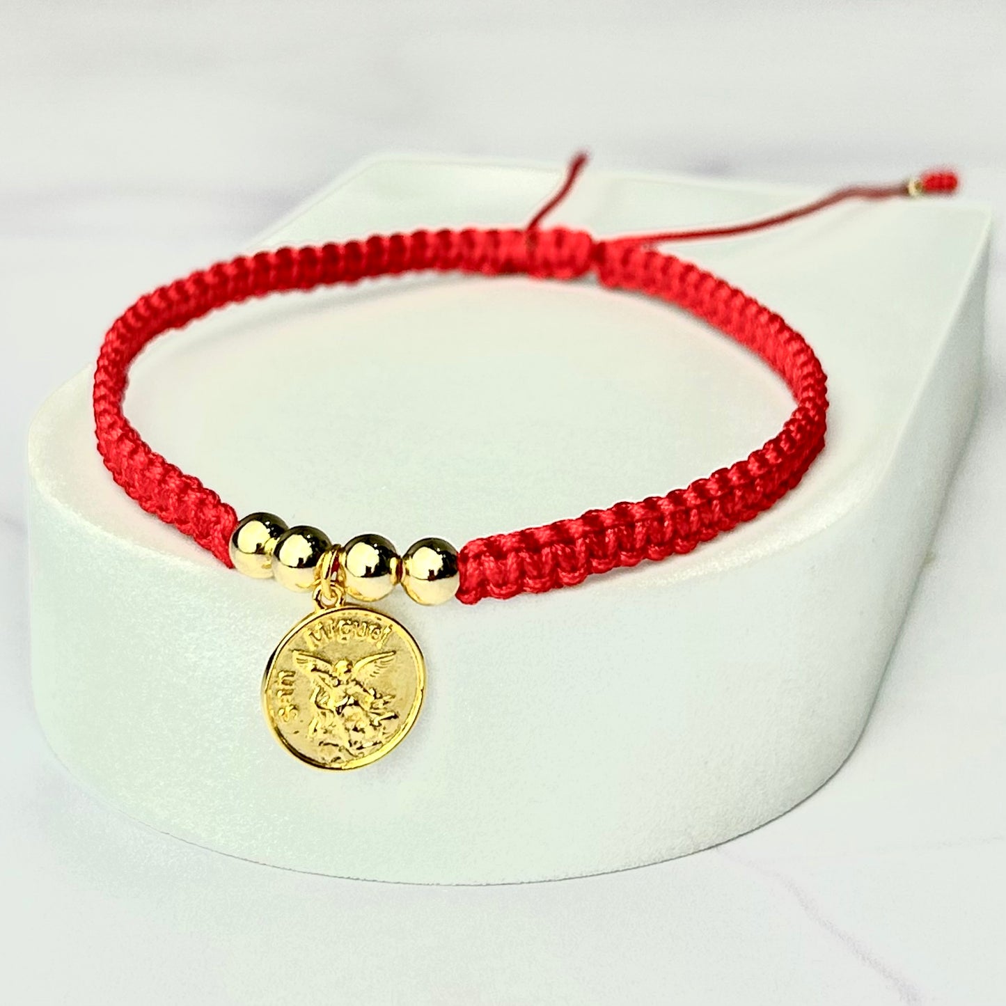Pulsera y/o Tobillera Tejida Balin liso dorado Dije San Miguel Arcángel Oro Laminado 18k RJ