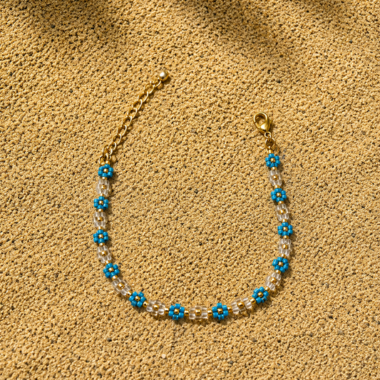 Pulsera Miyuki Flores Azul y Blancas con extensor