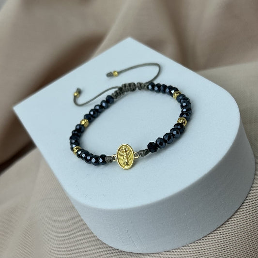 Pulsera Murano Azul Oscuro con HRJ Divino Niño con Balines Italy Oro Laminado 18 K
