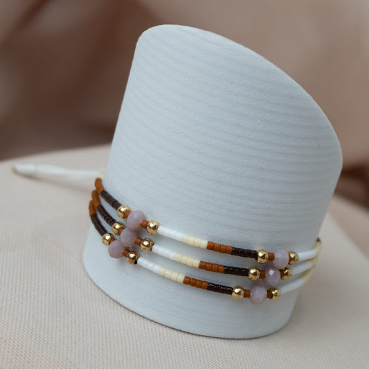 Pulsera Full Miyuki Tres Líneas Colores Tierra Balin Liso Oro Laminado 18K Nude