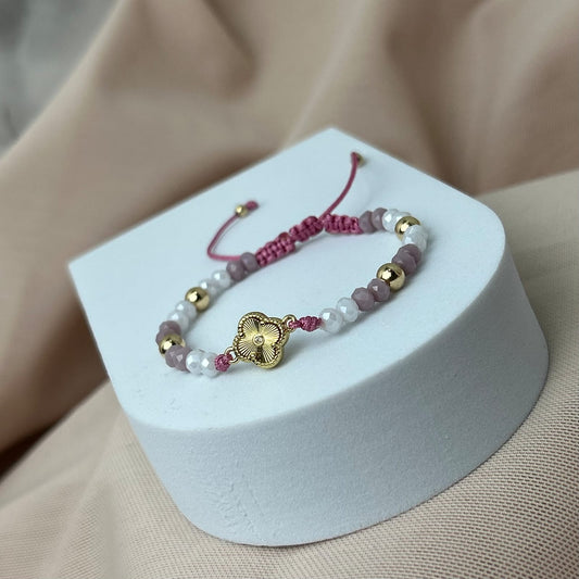 Pulsera Murano Blanco, Purpura con HRJ Clover Esfera Cristal y Balin Liso Oro Laminado 18K