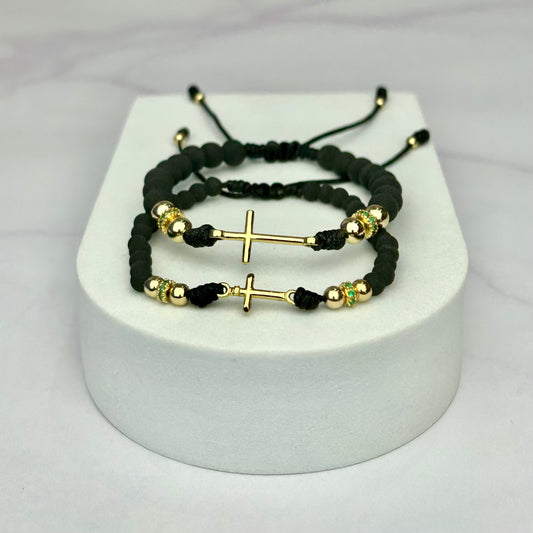 Combo: Pulseras Full Balin Liso, Neopreno con HRJ Crucifijo y Rondeles OL18K Negro
