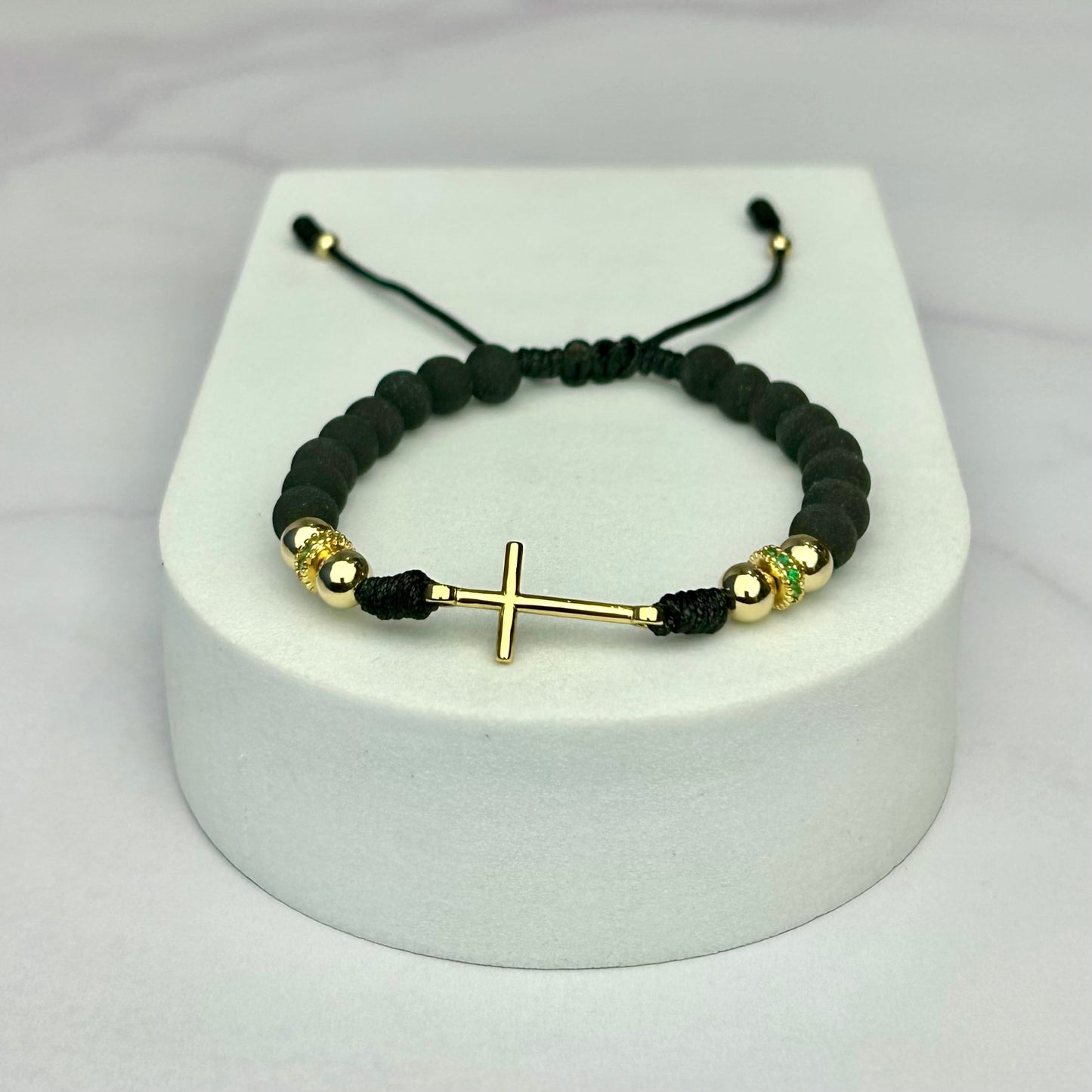 Pulsera Tejida Balin Neopreno, Liso, Rondel Circón Verde y HRJ Cruz Oro Laminado 18K NG