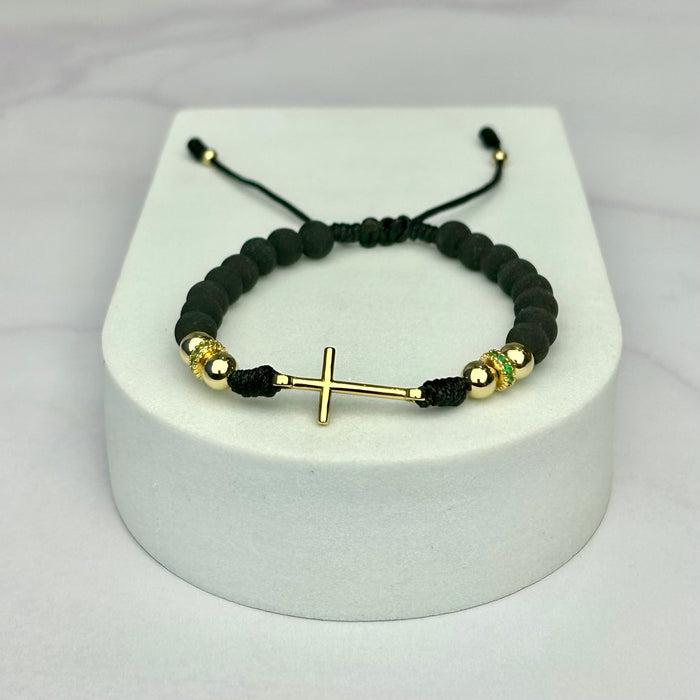 Pulsera Tejida Balin Neopreno, Liso, Rondel Circón Verde y HRJ Cruz Oro Laminado 18K NG