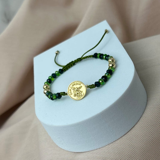 Pulsera Murano Verdes con HRJ San Miguel Arcangel Balin Liso Dorado y Rondel Verde Oro Laminado 18 K