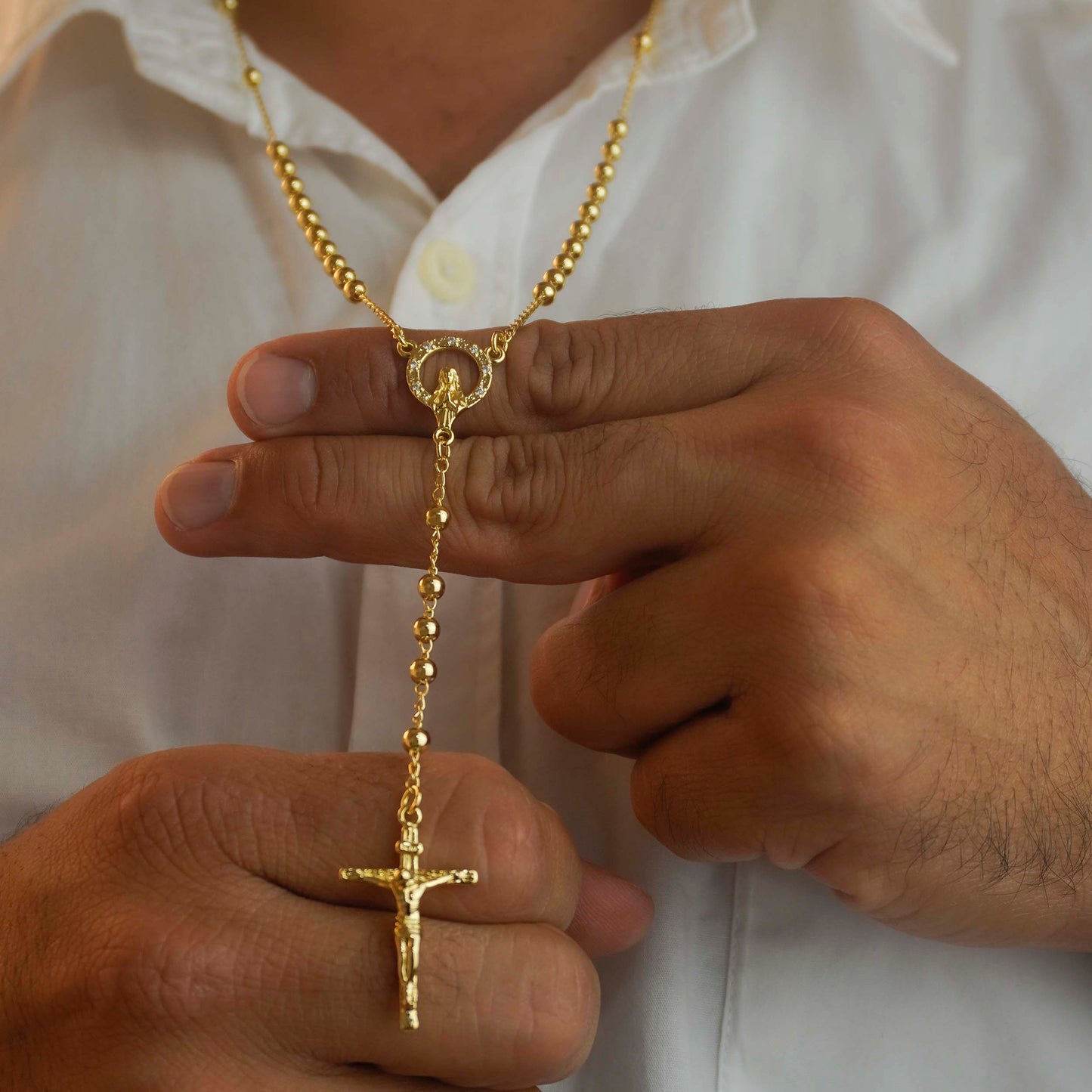 Rosario Crucero Virgen con circones Cristal, Crucifijo Remarcado Balin 3 mm 65 cm