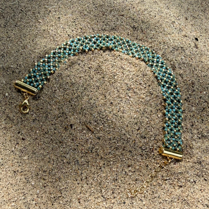 Pulsera Miyuki Malla Sabiduría Verde y Dorado Oro Laminado 18 K