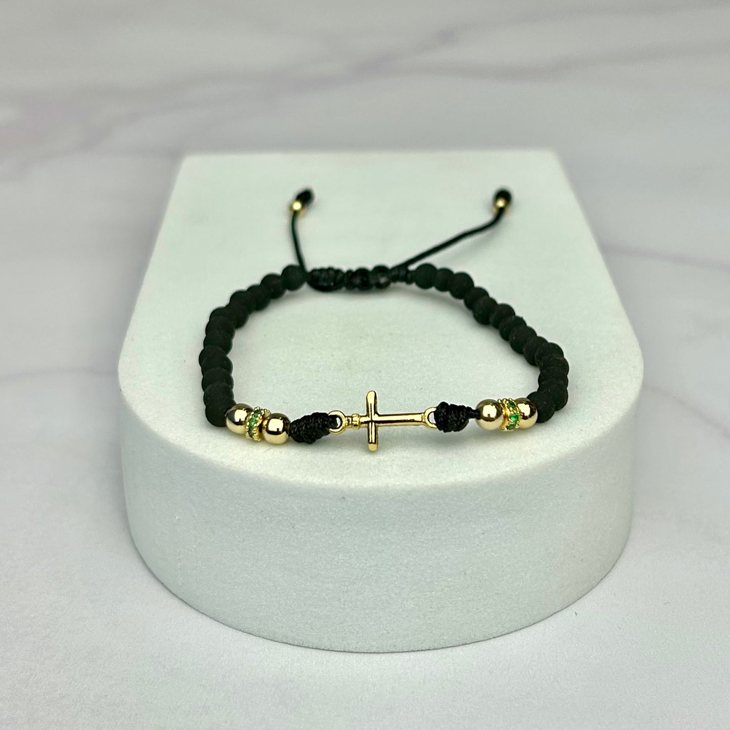 Pulsera Tejida Balin Neopreno Liso con HRJ Cruz y Rondel Circón Verde Oro Laminado 18 k NG
