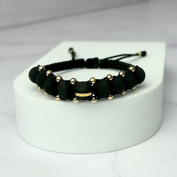 Pulsera Tejida Tres Carriles Balin Neopreno 1 Línea y Balin Liso Oro Laminado 18 K NG
