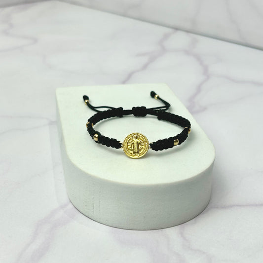 Pulsera Tejido Entrelazado Balin Liso 5 MM y HRJ San Benito Oro Laminado 18 K NG