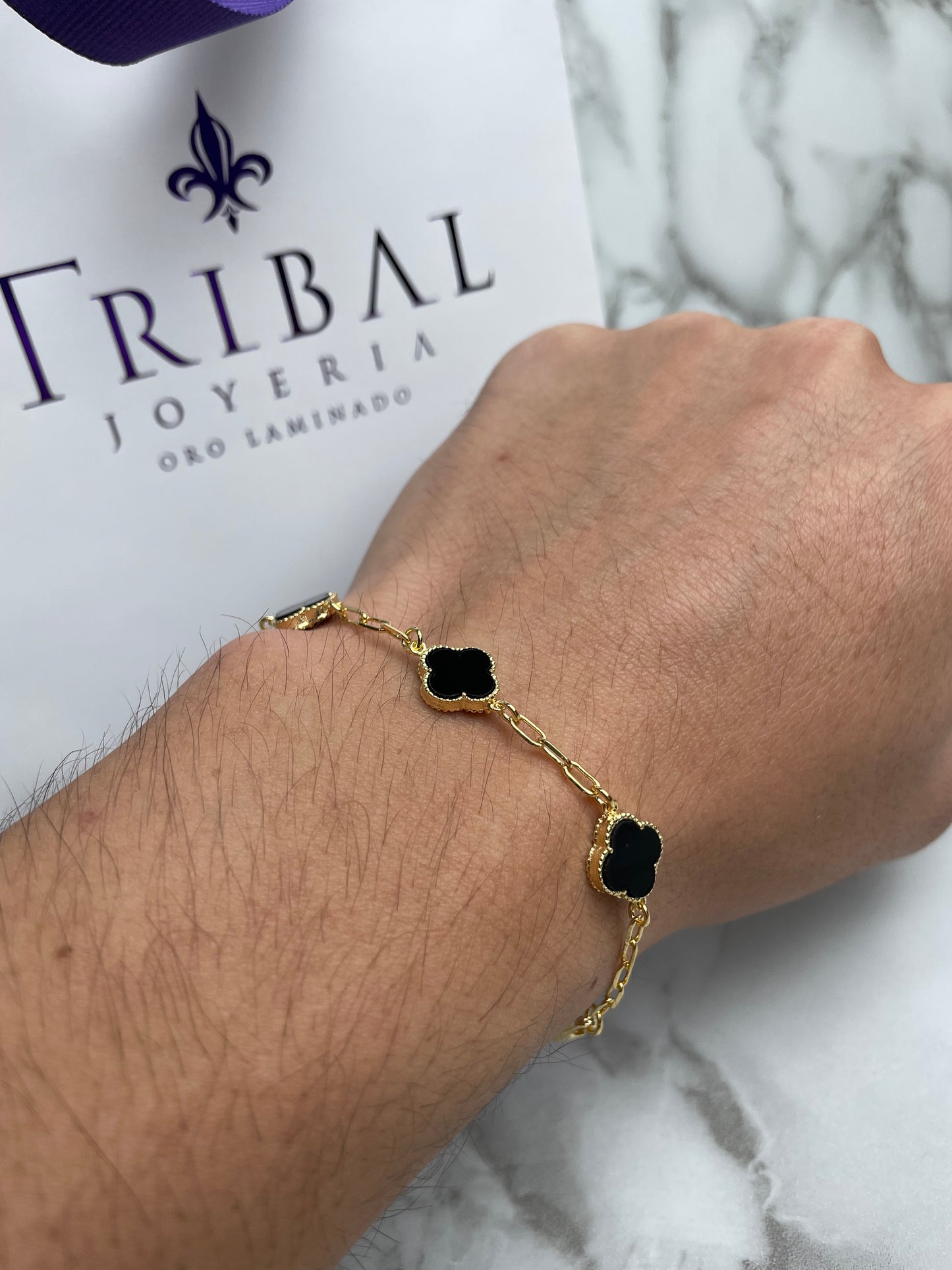 Pulsera Tejido Eslabones Tipo Van Cleff Negro 19 cm