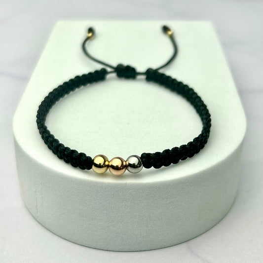 Pulsera Tejida Tres Oros Balin Liso Oro Laminado 18 K Negra