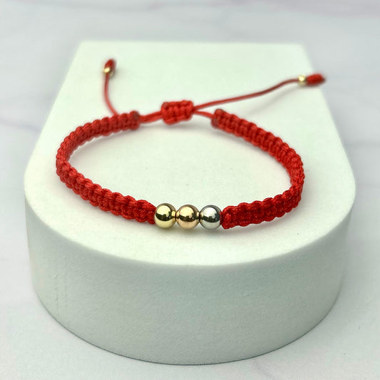 Pulsera Tejida Tres Oros Balin Liso Oro Laminado 18 K Rojo