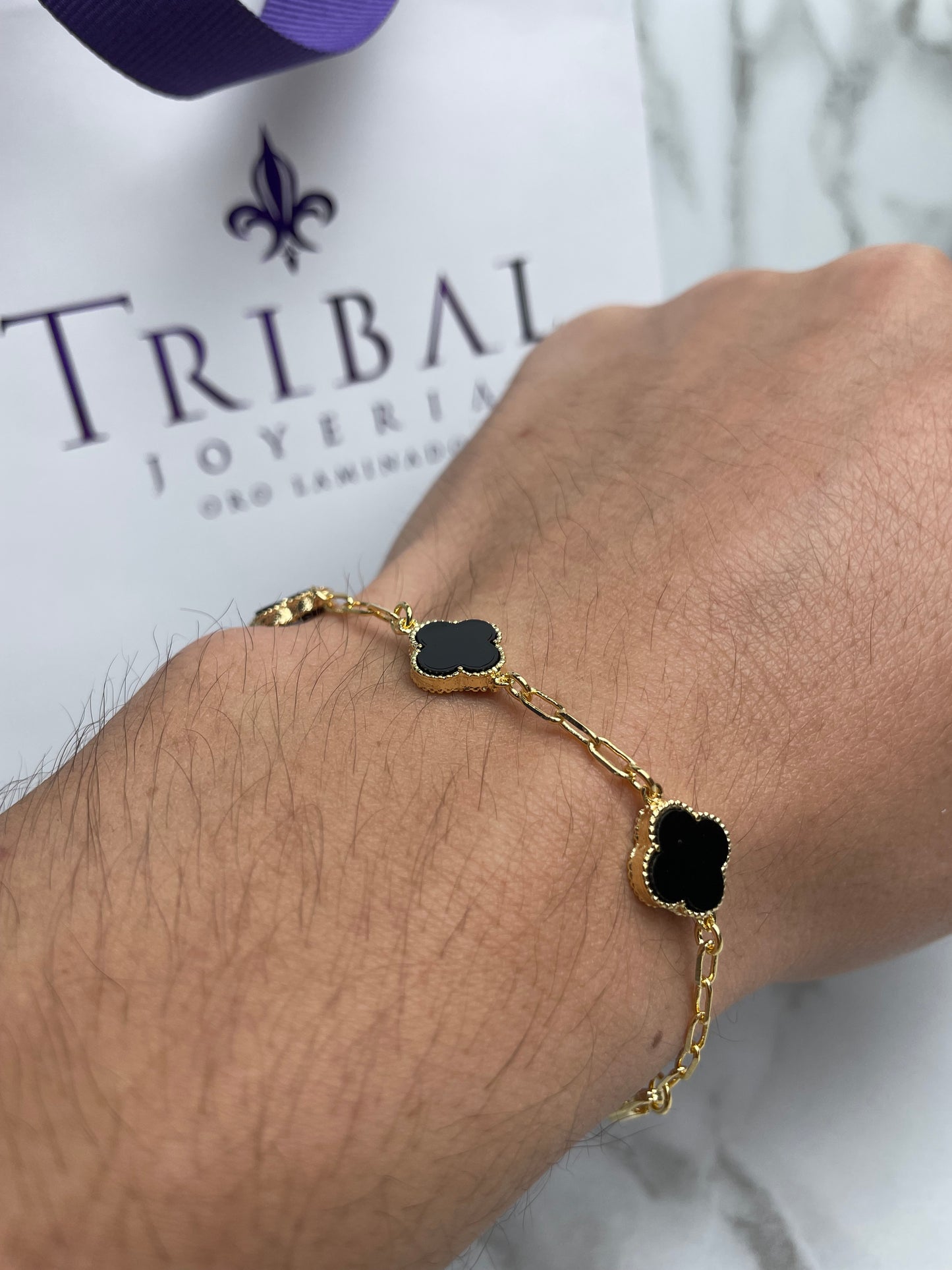Pulsera Tejido Eslabones Tipo Van Cleff Negro 19 cm