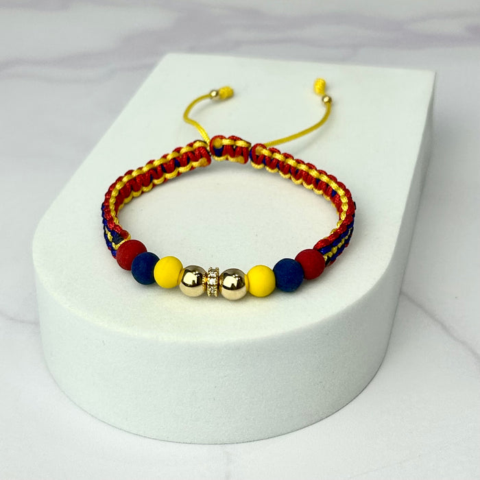 Pulsera Tejida Tricolor Balin Neopreno Liso Dorado y Rondel Cristal Oro Laminado 18 K AM