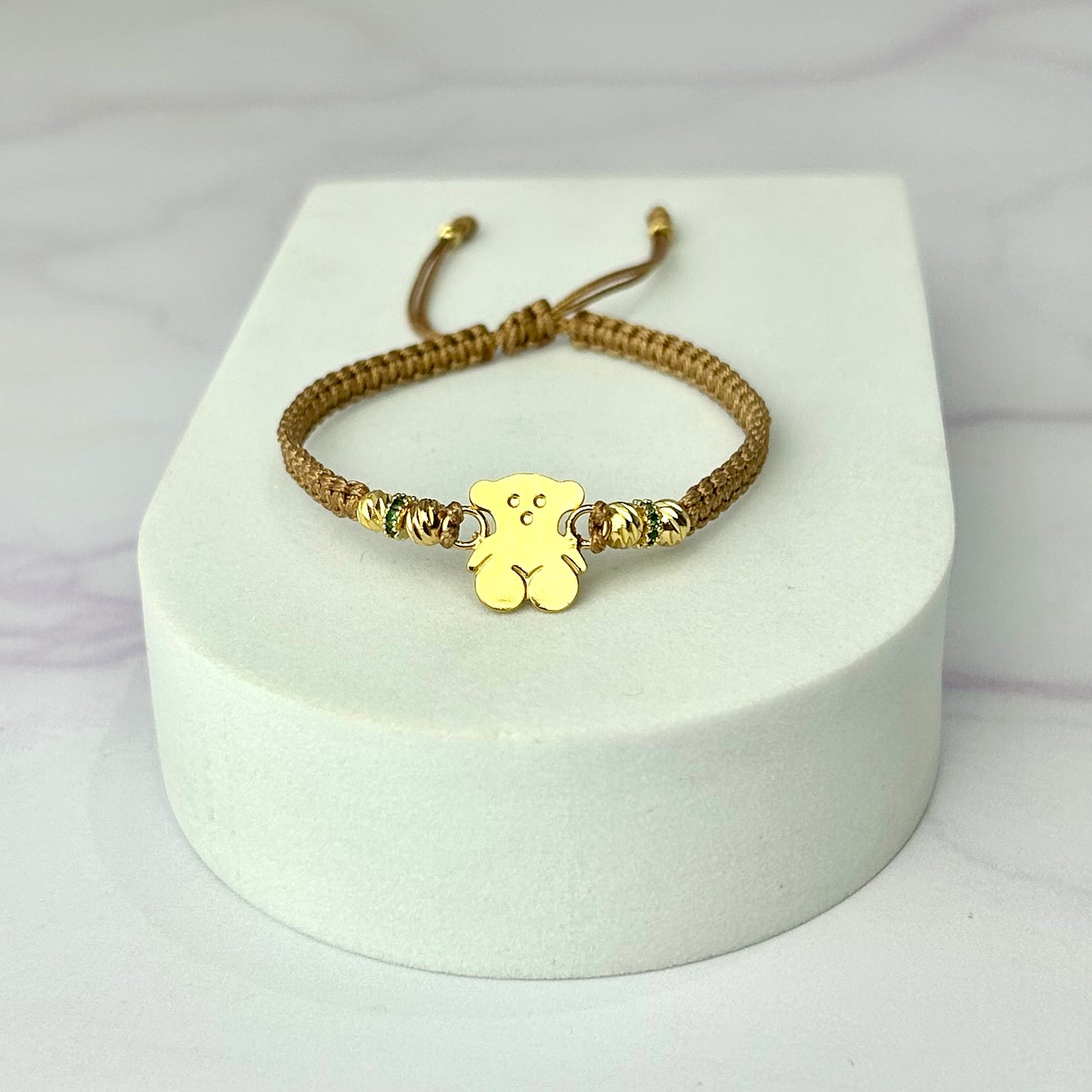 Pulsera Tejida con Balin Italy, Rondel verde y HRJ Tipo Tous Oro Laminado 18 K Terracota Claro
