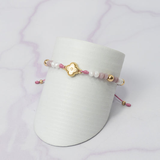 Pulsera Murano Blanco, Purpura con HRJ Clover Esfera Cristal y Balin Liso Oro Laminado 18K
