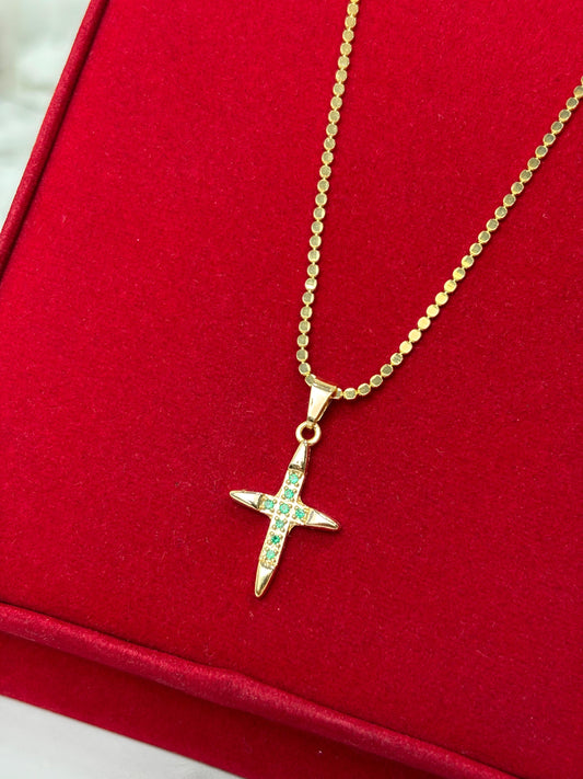 Dije Cruz En Punta/Puntos Circones Verdes 28*14mm