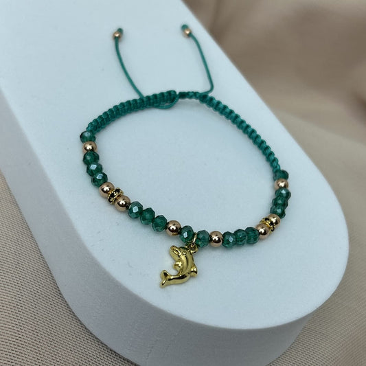 Pulsera Murano Agua Marina con Delfin, Balin Rosa y Rondel Circón Negro Oro Laminado 18 K