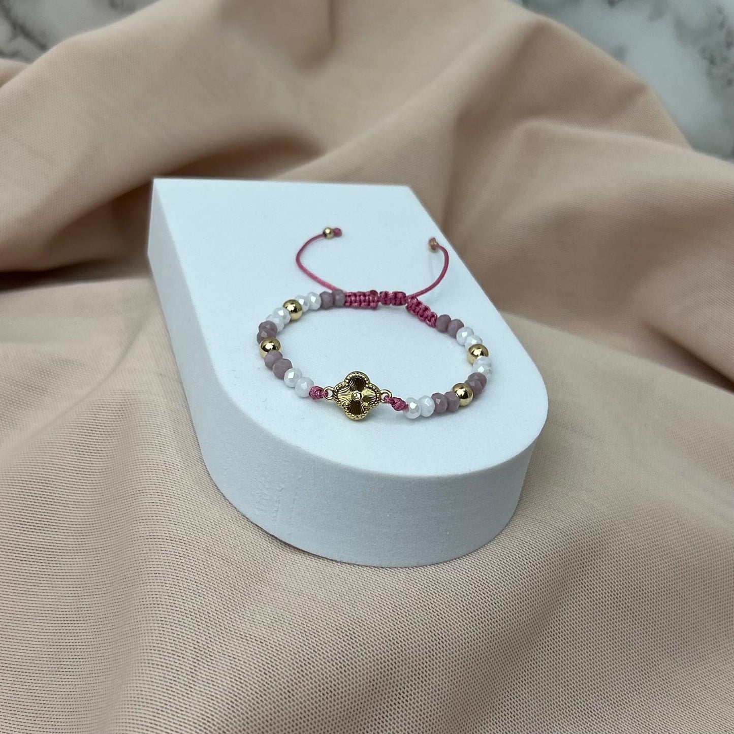 Pulsera Murano Blanco, Purpura con HRJ Clover Esfera Cristal y Balin Liso Oro Laminado 18K