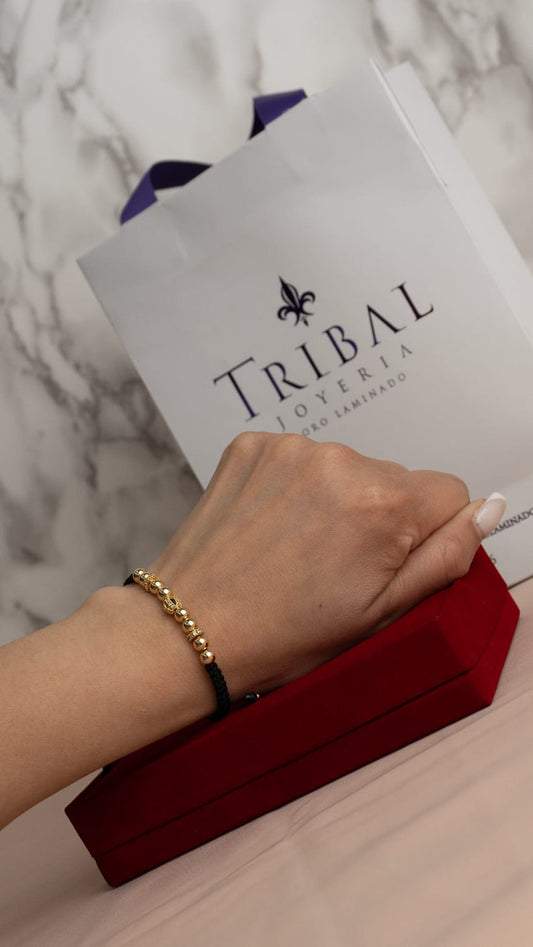 Pulsera Tejida Balin Liso, con Hrjs Rondel y Ball Circones Cristal Oro Laminado 18 k NG