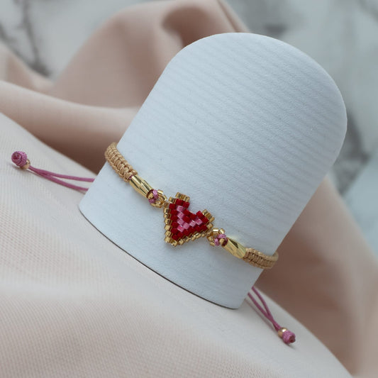 Pulsera Tejida Corazón en Miyuki, con Canutillo Italiano Oro Laminado 18 K