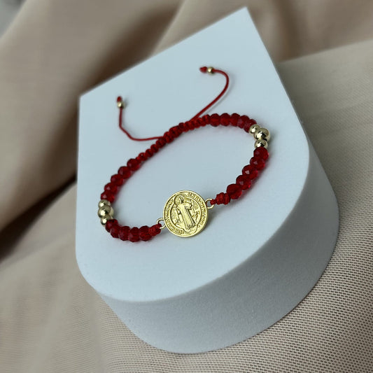 Pulsera Murano Rojo con HRJ San Benito y Balin Liso Mixto Oro Laminado 18 k