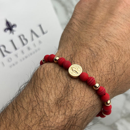 Pulsera Full Balin Neopreno Liso, Ranurado, Liso Rosa, con HRJ San Benito Medalla Oro Laminado 18 K RJ