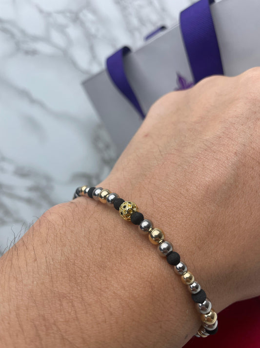 Pulsera Full con broche, Balin Liso, Neopreno Y Herraje Bola de Fuego con Circones Oro Laminado 18 K