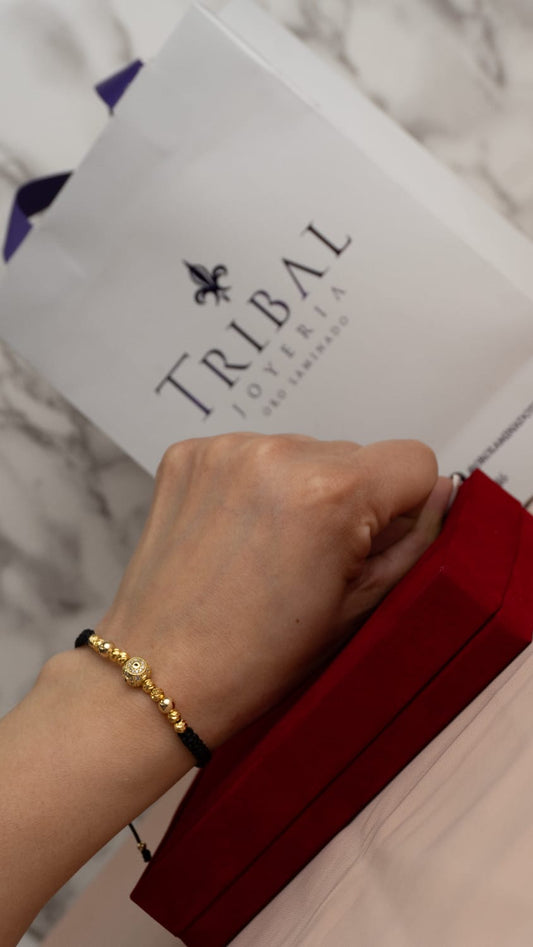 Pulsera Tejida Balin Italy, Liso y Bola de Fuego Circones Oro Laminado NG