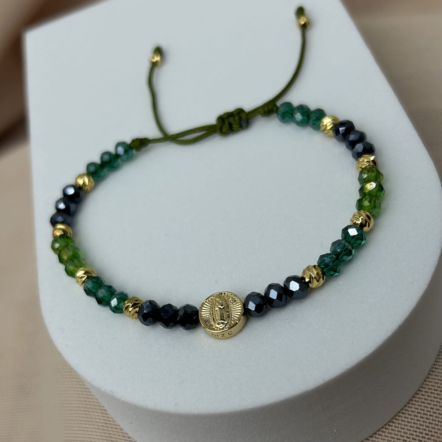 Pulsera Murano Azules y Verdes con HRJ Rosa de Guadalupe con Balin Italy Oro Laminado 18 k