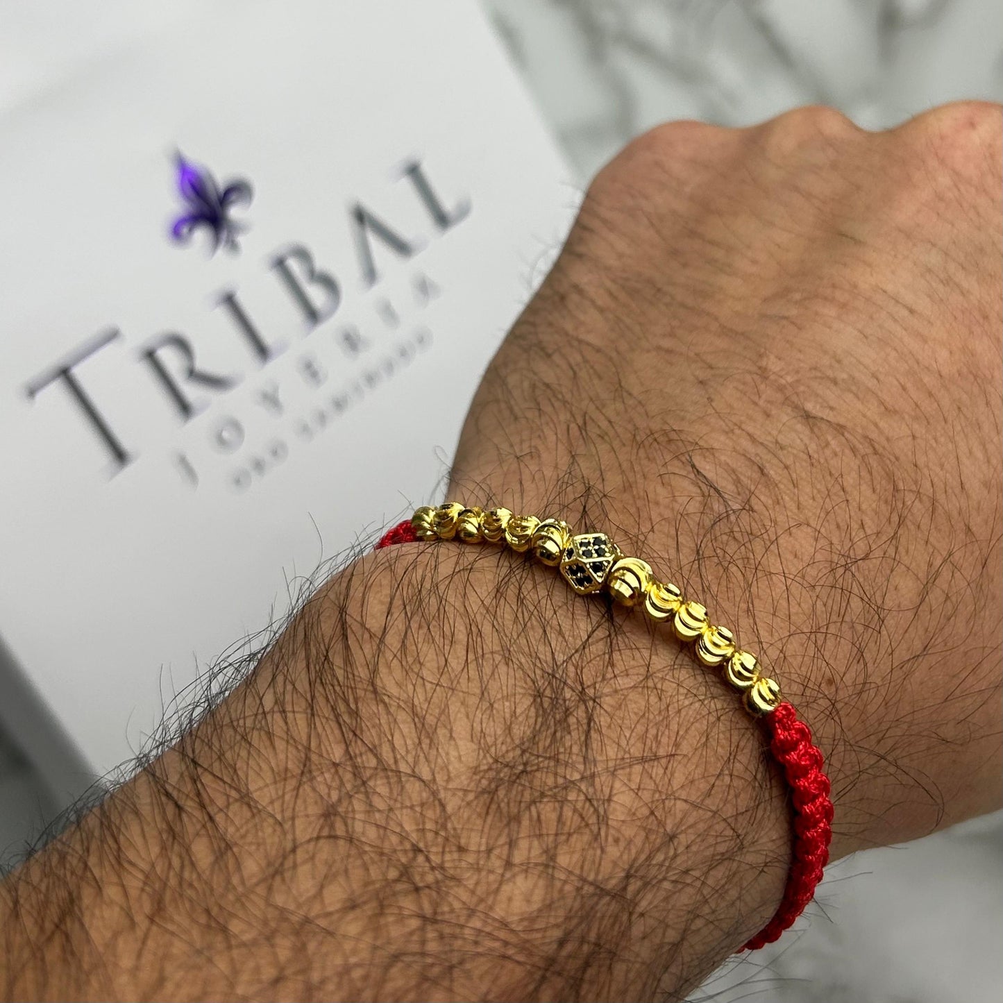 Pulsera Tejida Balin Italiano y Rombo Circón Negro Oro Laminado 18 k RJ